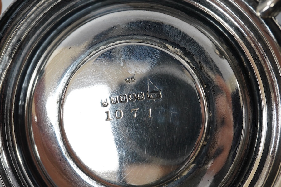 A George V Art Deco silver mounted rectangular cigarette box, by D. Bros, Birmingham, 1931, 12.7cm, together with a silver plated egg coddler with burner. Condition - fair to good